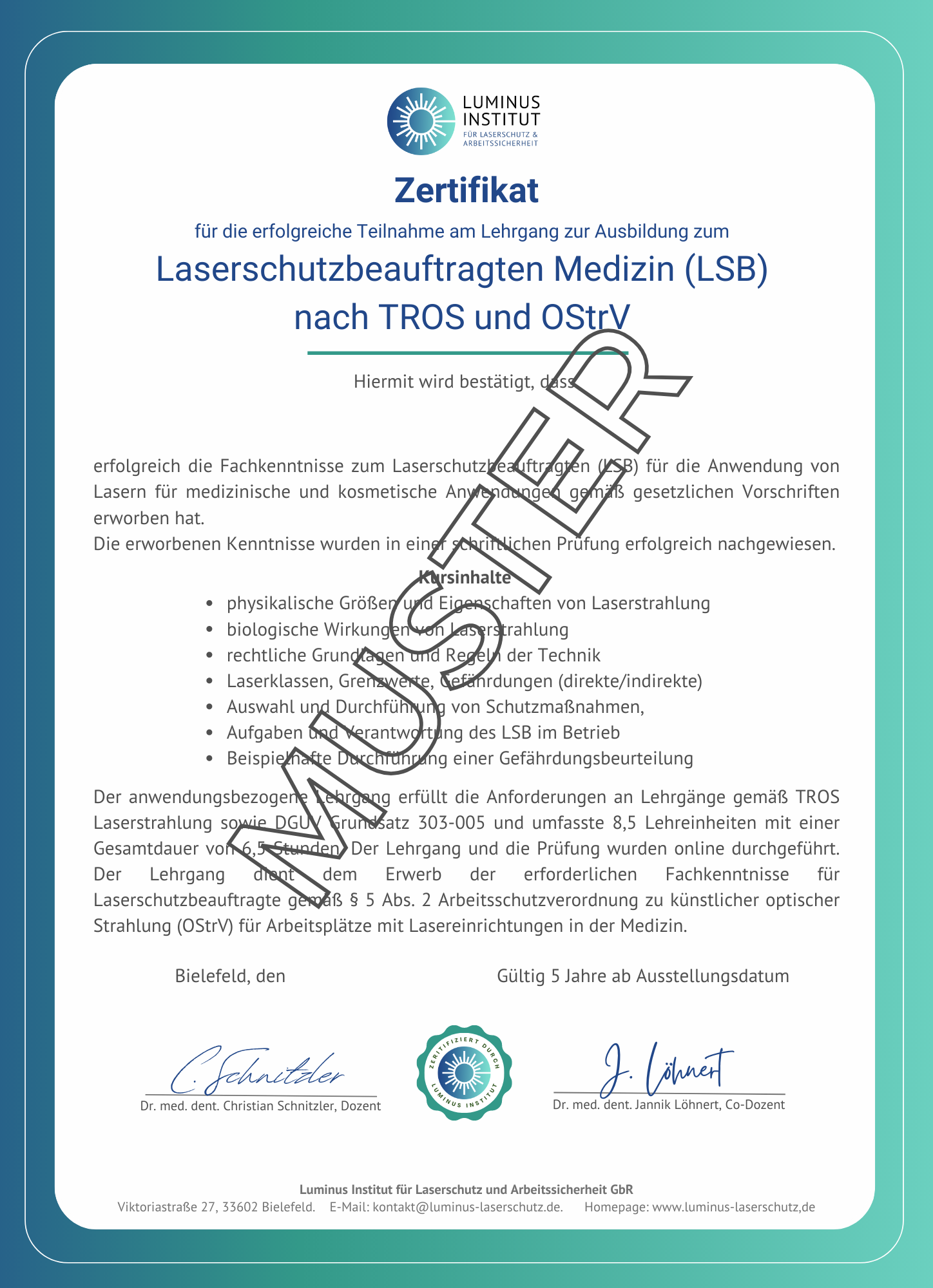 Laserschutz Zertifikat (Muster)