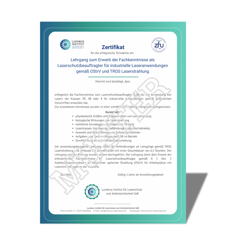 4 Zertifikat für Laserschutzbeauftragte Medizin LSB nach TROS und OStrV mit Kursinhalten